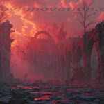 A cinematic shot of a long forgotten gothic ruins, where the forces of evil and good once battled. The picture was at twilight, with the suns rays casting long, macabre shadows, punctuated by sharp crepuscular rays breaking through the red mist. UHD wallpapers. Fantasy desktop backgrounds by Art by Innovation. Ruined stone arches line a lava-lit path under a fiery red sky, creating a desolate, ominous landscape at dusk.