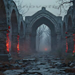 A cinematic shot of a long forgotten gothic ruins, where the forces of evil and good once battled. The picture was at twilight, with the suns rays casting long, macabre shadows, punctuated by sharp crepuscular rays breaking through the red mist. UHD wallpapers. Fantasy desktop backgrounds by Art by Innovation. Ruined stone arches glow with red lava-like veins along columns, a foggy path leads into the eerie ruin.