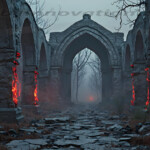 A cinematic shot of a long forgotten gothic ruins, where the forces of evil and good once battled. The picture was at twilight, with the suns rays casting long, macabre shadows, punctuated by sharp crepuscular rays breaking through the red mist. UHD wallpapers. Fantasy desktop backgrounds by Art by Innovation. Ruined stone arches glow with red lava-like veins along columns, a foggy path leads into the eerie ruin.