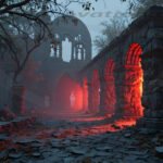 A cinematic shot of a long forgotten gothic ruins, where the forces of evil and good once battled. The picture was at twilight, with the suns rays casting long, macabre shadows, punctuated by sharp crepuscular rays breaking through the red mist. UHD wallpapers. Fantasy desktop backgrounds by Art by Innovation. Ruined stone arches in a dark forest lit by eerie red glow, cobblestone path and fallen leaves.