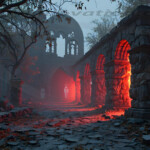 A cinematic shot of a long forgotten gothic ruins, where the forces of evil and good once battled. The picture was at twilight, with the suns rays casting long, macabre shadows, punctuated by sharp crepuscular rays breaking through the red mist. UHD wallpapers. Fantasy desktop backgrounds by Art by Innovation. Ruined stone arches in a dark forest lit by eerie red glow, cobblestone path and fallen leaves.