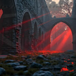 A cinematic shot of a long forgotten gothic ruins, where the forces of evil and good once battled. The picture was at twilight, with the suns rays casting long, macabre shadows, punctuated by sharp crepuscular rays breaking through the red mist. UHD wallpapers. Fantasy desktop backgrounds by Art by Innovation. Ruined stone arches lit by eerie red light streaming through, creating a dramatic, otherworldly atmosphere.