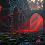 A cinematic shot of a long forgotten gothic ruins, where the forces of evil and good once battled. The picture was at twilight, with the suns rays casting long, macabre shadows, punctuated by sharp crepuscular rays breaking through the red mist. UHD wallpapers. Fantasy desktop backgrounds by Art by Innovation. Ruined stone arches lit by eerie red light streaming through, creating a dramatic, otherworldly atmosphere.
