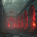 A cinematic shot of a long forgotten gothic ruins, where the forces of evil and good once battled. The picture was at twilight, with the suns rays casting long, macabre shadows, punctuated by sharp crepuscular rays breaking through the red mist. UHD wallpapers. Fantasy desktop backgrounds by Art by Innovation. Ruined stone colonnade with red glowing lights behind arches in a foggy setting.