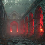 A cinematic shot of a long forgotten gothic ruins, where the forces of evil and good once battled. The picture was at twilight, with the suns rays casting long, macabre shadows, punctuated by sharp crepuscular rays breaking through the red mist. UHD wallpapers. Fantasy desktop backgrounds by Art by Innovation. Ruined stone colonnade with red glowing lights behind arches in a foggy setting.