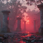 A cinematic shot of a long forgotten gothic ruins, where the forces of evil and good once battled. The picture was at twilight, with the suns rays casting long, macabre shadows, punctuated by sharp crepuscular rays breaking through the red mist. UHD wallpapers. Fantasy desktop backgrounds by Art by Innovation. Ancient stone columns in a foggy ruin bathed in red sunset light reflecting on a rocky path with puddles.