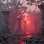 A cinematic shot of a long forgotten gothic ruins, where the forces of evil and good once battled. The picture was at twilight, with the suns rays casting long, macabre shadows, punctuated by sharp crepuscular rays breaking through the red mist. UHD wallpapers. Fantasy desktop backgrounds by Art by Innovation. Ancient stone columns in a foggy ruin bathed in red sunset light reflecting on a rocky path with puddles.