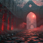 A cinematic shot of a long forgotten gothic ruins, where the forces of evil and good once battled. The picture was at twilight, with the suns rays casting long, macabre shadows, punctuated by sharp crepuscular rays breaking through the red mist. UHD wallpapers. Fantasy desktop backgrounds by Art by Innovation. Ruined Gothic corridor with red lighting along arches, fog on a cobblestone path toward a glowing distant arch.