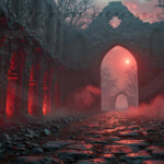 A cinematic shot of a long forgotten gothic ruins, where the forces of evil and good once battled. The picture was at twilight, with the suns rays casting long, macabre shadows, punctuated by sharp crepuscular rays breaking through the red mist. UHD wallpapers. Fantasy desktop backgrounds by Art by Innovation. Ruined Gothic corridor with red lighting along arches, fog on a cobblestone path toward a glowing distant arch.