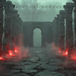 A cinematic shot of a long forgotten gothic ruins, where the forces of evil and good once battled. The picture was at twilight, with the suns rays casting long, macabre shadows, punctuated by sharp crepuscular rays breaking through the red mist. UHD wallpapers. Fantasy desktop backgrounds by Art by Innovation. Stone colonnade in a ruined temple with cracked pavement, red embers glowing at each column base, and a misty archway ahead.