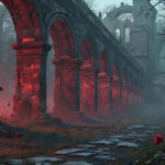 A cinematic shot of a long forgotten gothic ruins, where the forces of evil and good once battled. The picture was at twilight, with the suns rays casting long, macabre shadows, punctuated by sharp crepuscular rays breaking through the red mist. UHD wallpapers. Fantasy desktop backgrounds by Art by Innovation. Ruined stone arches along a foggy path with a red glow on the left and roses in the foreground, creating a eerie scene menacing atmosphere.