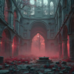A cinematic shot of a long forgotten gothic ruins, where the forces of evil and good once battled. The picture was at twilight, with the suns rays casting long, macabre shadows, punctuated by sharp crepuscular rays breaking through the red mist. UHD wallpapers. Fantasy desktop backgrounds by Art by Innovation. Ruined Gothic arcade with arches, red mist, and a central fountain in a desolate, eerie courtyard.