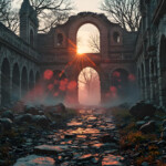 A cinematic shot of a long forgotten gothic ruins, where the forces of evil and good once battled. The picture was at twilight, with the suns rays casting long, macabre shadows, punctuated by sharp crepuscular rays breaking through the red mist. UHD wallpapers. Fantasy desktop backgrounds by Art by Innovation. Sun beams through a ruined stone archway, with a colonnade on both sides and a rocky path ahead.