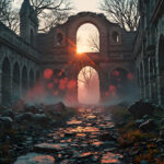 A cinematic shot of a long forgotten gothic ruins, where the forces of evil and good once battled. The picture was at twilight, with the suns rays casting long, macabre shadows, punctuated by sharp crepuscular rays breaking through the red mist. UHD wallpapers. Fantasy desktop backgrounds by Art by Innovation. Sun beams through a ruined stone archway, with a colonnade on both sides and a rocky path ahead.