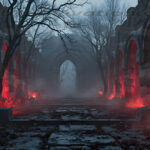 A cinematic shot of a long forgotten gothic ruins, where the forces of evil and good once battled. The picture was at twilight, with the suns rays casting long, macabre shadows, punctuated by sharp crepuscular rays breaking through the red mist. UHD wallpapers. Fantasy desktop backgrounds by Art by Innovation. Ruined stone corridor with red glow along arches, leafless trees, and fog creating a spooky atmosphere.