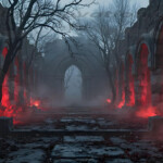 A cinematic shot of a long forgotten gothic ruins, where the forces of evil and good once battled. The picture was at twilight, with the suns rays casting long, macabre shadows, punctuated by sharp crepuscular rays breaking through the red mist. UHD wallpapers. Fantasy desktop backgrounds by Art by Innovation. Ruined stone corridor with red glow along arches, leafless trees, and fog creating a spooky atmosphere.