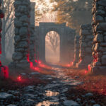 A cinematic shot of a long forgotten gothic ruins, where the forces of evil and good once battled. The picture was at twilight, with the suns rays casting long, macabre shadows, punctuated by sharp crepuscular rays breaking through the red mist. UHD wallpapers. Fantasy desktop backgrounds by Art by Innovation. Ancient stone colonnade and arches in a foggy forest, with glowing red crystals along the ground lighting the path.