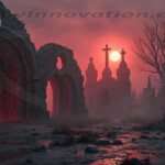 A cinematic shot of a long forgotten gothic ruins, where the forces of evil and good once battled. The picture was at twilight, with the suns rays casting long, macabre shadows, punctuated by sharp crepuscular rays breaking through the red mist. UHD wallpapers. Fantasy desktop backgrounds by Art by Innovation. Ruined stone arches and crosses in a desolate graveyard at sunset with a red glow and misty foreground.
