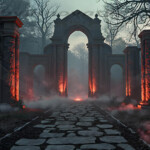 A cinematic shot of a long forgotten gothic ruins, where the forces of evil and good once battled. The picture was at twilight, with the suns rays casting long, macabre shadows, punctuated by sharp crepuscular rays breaking through the red mist. UHD wallpapers. Fantasy desktop backgrounds by Art by Innovation. Ancient stone ruin with tall arches lit by red torches, foggy mist along a cobblestone path.