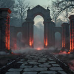 A cinematic shot of a long forgotten gothic ruins, where the forces of evil and good once battled. The picture was at twilight, with the suns rays casting long, macabre shadows, punctuated by sharp crepuscular rays breaking through the red mist. UHD wallpapers. Fantasy desktop backgrounds by Art by Innovation. Ancient stone ruin with tall arches lit by red torches, foggy mist along a cobblestone path.