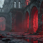 A cinematic shot of a long forgotten gothic ruins, where the forces of evil and good once battled. The picture was at twilight, with the suns rays casting long, macabre shadows, punctuated by sharp crepuscular rays breaking through the red mist. UHD wallpapers. Fantasy desktop backgrounds by Art by Innovation. Gothic ruin interior lit by an eerie red glow through arched doorways; dark, mossy ground and puddles in the foreground.