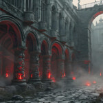 A cinematic shot of a long forgotten gothic ruins, where the forces of evil and good once battled. The picture was at twilight, with the suns rays casting long, macabre shadows, punctuated by sharp crepuscular rays breaking through the red mist. UHD wallpapers. Fantasy desktop backgrounds by Art by Innovation. Ruined stone courtyard with Gothic arches glowing red from embers, fog curling over cobblestones under a dark sky.