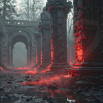 A cinematic shot of a long forgotten gothic ruins, where the forces of evil and good once battled. The picture was at twilight, with the suns rays casting long, macabre shadows, punctuated by sharp crepuscular rays breaking through the red mist. UHD wallpapers. Fantasy desktop backgrounds by Art by Innovation. Ruined stone temple corridor with tall mossy columns and a crimson glow pooling on the ground.