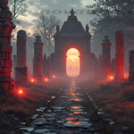 A cinematic shot of a long forgotten gothic ruins, where the forces of evil and good once battled. The picture was at twilight, with the suns rays casting long, macabre shadows, punctuated by sharp crepuscular rays breaking through the red mist. UHD wallpapers. Fantasy desktop backgrounds by Art by Innovation. Ruined stone colonnade leading to a lit archway at sunset, with glowing red lights along a cracked stone path.