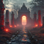 A cinematic shot of a long forgotten gothic ruins, where the forces of evil and good once battled. The picture was at twilight, with the suns rays casting long, macabre shadows, punctuated by sharp crepuscular rays breaking through the red mist. UHD wallpapers. Fantasy desktop backgrounds by Art by Innovation. Ruined stone colonnade leading to a lit archway at sunset, with glowing red lights along a cracked stone path.