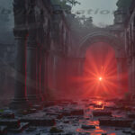 A cinematic shot of a long forgotten gothic ruins, where the forces of evil and good once battled. The picture was at twilight, with the suns rays casting long, macabre shadows, punctuated by sharp crepuscular rays breaking through the red mist. UHD wallpapers. Fantasy desktop backgrounds by Art by Innovation. Crumbled ancient ruin with a red glowing light at the center amid foggy atmosphere.