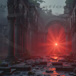 A cinematic shot of a long forgotten gothic ruins, where the forces of evil and good once battled. The picture was at twilight, with the suns rays casting long, macabre shadows, punctuated by sharp crepuscular rays breaking through the red mist. UHD wallpapers. Fantasy desktop backgrounds by Art by Innovation. Crumbled ancient ruin with a red glowing light at the center amid foggy atmosphere.