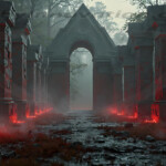 A cinematic shot of a long forgotten gothic ruins, where the forces of evil and good once battled. The picture was at twilight, with the suns rays casting long, macabre shadows, punctuated by sharp crepuscular rays breaking through the red mist. UHD wallpapers. Fantasy desktop backgrounds by Art by Innovation. Ruined stone colonnade in a misty forest, glowing red embers along the base of each pillar leading to an arched gateway.