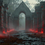 A cinematic shot of a long forgotten gothic ruins, where the forces of evil and good once battled. The picture was at twilight, with the suns rays casting long, macabre shadows, punctuated by sharp crepuscular rays breaking through the red mist. UHD wallpapers. Fantasy desktop backgrounds by Art by Innovation. Ruined stone colonnade in a misty forest, glowing red embers along the base of each pillar leading to an arched gateway.