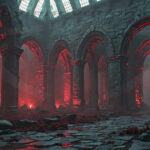 A cinematic shot of a long forgotten gothic ruins, where the forces of evil and good once battled. The picture was at twilight, with the suns rays casting long, macabre shadows, punctuated by sharp crepuscular rays breaking through the red mist. UHD wallpapers. Fantasy desktop backgrounds by Art by Innovation. Crumbled stone ruin with tall arches, red glow, and eerie mist in a dark hall.