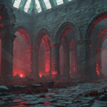 A cinematic shot of a long forgotten gothic ruins, where the forces of evil and good once battled. The picture was at twilight, with the suns rays casting long, macabre shadows, punctuated by sharp crepuscular rays breaking through the red mist. UHD wallpapers. Fantasy desktop backgrounds by Art by Innovation. Crumbled stone ruin with tall arches, red glow, and eerie mist in a dark hall.
