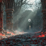 A cinematic shot of a long forgotten gothic ruins, where the forces of evil and good once battled. The picture was at twilight, with the suns rays casting long, macabre shadows, punctuated by sharp crepuscular rays breaking through the red mist. UHD wallpapers. Fantasy desktop backgrounds by Art by Innovation. Ruined stone hall with tall columns, red glowing embers on the floor, and light streaming through round windows.