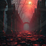 A cinematic shot of a long forgotten gothic ruins, where the forces of evil and good once battled. The picture was at twilight, with the suns rays casting long, macabre shadows, punctuated by sharp crepuscular rays breaking through the red mist. UHD wallpapers. Fantasy desktop backgrounds by Art by Innovation. Ancient stone columns form a long ruin corridor in a misty forest, lit by an eerie red glow ahead.