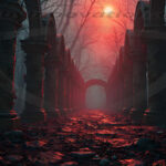 A cinematic shot of a long forgotten gothic ruins, where the forces of evil and good once battled. The picture was at twilight, with the suns rays casting long, macabre shadows, punctuated by sharp crepuscular rays breaking through the red mist. UHD wallpapers. Fantasy desktop backgrounds by Art by Innovation. Ancient stone columns form a long ruin corridor in a misty forest, lit by an eerie red glow ahead.