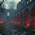A cinematic shot of a long forgotten gothic ruins, where the forces of evil and good once battled. The picture was at twilight, with the suns rays casting long, macabre shadows, punctuated by sharp crepuscular rays breaking through the red mist. UHD wallpapers. Fantasy desktop backgrounds by Art by Innovation. Gothic stone cloister with red torchlight along arches, a cobblestone path, and bare trees in a moody, misty atmosphere.