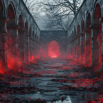 A cinematic shot of a long forgotten gothic ruins, where the forces of evil and good once battled. The picture was at twilight, with the suns rays casting long, macabre shadows, punctuated by sharp crepuscular rays breaking through the red mist. UHD wallpapers. Fantasy desktop backgrounds by Art by Innovation. Ruined stone colonnade bathed in red glow with foggy atmosphere and a glowing archway at the far end