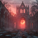 A cinematic shot of a long forgotten gothic ruins, where the forces of evil and good once battled. The picture was at twilight, with the suns rays casting long, macabre shadows, punctuated by sharp crepuscular rays breaking through the red mist. UHD wallpapers. Fantasy desktop backgrounds by Art by Innovation. Ruined Gothic arches lining a stone aisle, with a red sunset glowing through the central arch and fog on the ground.
