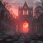 A cinematic shot of a long forgotten gothic ruins, where the forces of evil and good once battled. The picture was at twilight, with the suns rays casting long, macabre shadows, punctuated by sharp crepuscular rays breaking through the red mist. UHD wallpapers. Fantasy desktop backgrounds by Art by Innovation. Ruined Gothic arches lining a stone aisle, with a red sunset glowing through the central arch and fog on the ground.