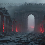 A cinematic shot of a long forgotten gothic ruins, where the forces of evil and good once battled. The picture was at twilight, with the suns rays casting long, macabre shadows, punctuated by sharp crepuscular rays breaking through the red mist. UHD wallpapers. Fantasy desktop backgrounds by Art by Innovation. Ruined stone corridor with tall arches, red glowing lights along columns, and a misty foreground.