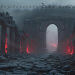 A cinematic shot of a long forgotten gothic ruins, where the forces of evil and good once battled. The picture was at twilight, with the suns rays casting long, macabre shadows, punctuated by sharp crepuscular rays breaking through the red mist. UHD wallpapers. Fantasy desktop backgrounds by Art by Innovation. Ruined stone corridor with tall arches, red glowing lights along columns, and a misty foreground.
