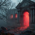 A cinematic shot of a long forgotten gothic ruins, where the forces of evil and good once battled. The picture was at twilight, with the suns rays casting long, macabre shadows, punctuated by sharp crepuscular rays breaking through the red mist. UHD wallpapers. Fantasy desktop backgrounds by Art by Innovation. Ancient stone archway entrance to a ruined building in a misty forest, illuminated by red glow from within.