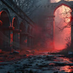 A cinematic shot of a long forgotten gothic ruins, where the forces of evil and good once battled. The picture was at twilight, with the suns rays casting long, macabre shadows, punctuated by sharp crepuscular rays breaking through the red mist. UHD wallpapers. Fantasy desktop backgrounds by Art by Innovation. Ruined stone colonnade at night with a red glow streaming through a central archway and a damp, rocky path ahead.