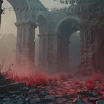 A cinematic shot of a long forgotten gothic ruins, where the forces of evil and good once battled. The picture was at twilight, with the suns rays casting long, macabre shadows, punctuated by sharp crepuscular rays breaking through the red mist. UHD wallpapers. Fantasy desktop backgrounds by Art by Innovation. Stone ruin with tall arches and pillars, in a misty atmosphere with red-glowing plants on rocky ground.