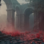 A cinematic shot of a long forgotten gothic ruins, where the forces of evil and good once battled. The picture was at twilight, with the suns rays casting long, macabre shadows, punctuated by sharp crepuscular rays breaking through the red mist. UHD wallpapers. Fantasy desktop backgrounds by Art by Innovation. Stone ruin with tall arches and pillars, in a misty atmosphere with red-glowing plants on rocky ground.