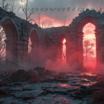 A cinematic shot of a long forgotten gothic ruins, where the forces of evil and good once battled. The picture was at twilight, with the suns rays casting long, macabre shadows, punctuated by sharp crepuscular rays breaking through the red mist. UHD wallpapers. Fantasy desktop backgrounds by Art by Innovation. Ruinous stone arches at sunset glow with red light and mist sweeping over a cracked stone floor.