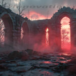 A cinematic shot of a long forgotten gothic ruins, where the forces of evil and good once battled. The picture was at twilight, with the suns rays casting long, macabre shadows, punctuated by sharp crepuscular rays breaking through the red mist. UHD wallpapers. Fantasy desktop backgrounds by Art by Innovation. Ruinous stone arches at sunset glow with red light and mist sweeping over a cracked stone floor.